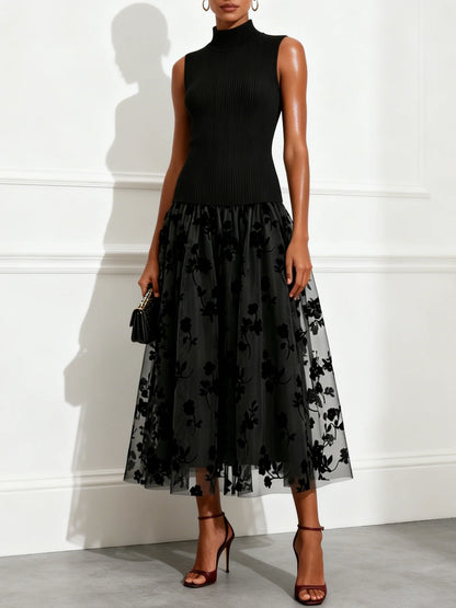 Black Stretch Knit and Flocked Tulle a-line high-neck high-back tea-length Dress Front View - Aabei Dress