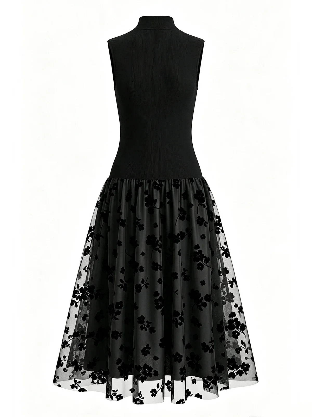 Black Stretch Knit and Flocked Tulle a-line high-neck high-back tea-length Dress - Aabei Dress