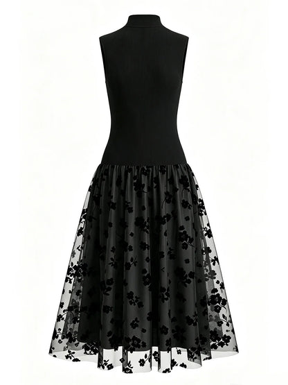 Black Stretch Knit and Flocked Tulle a-line high-neck high-back tea-length Dress - Aabei Dress