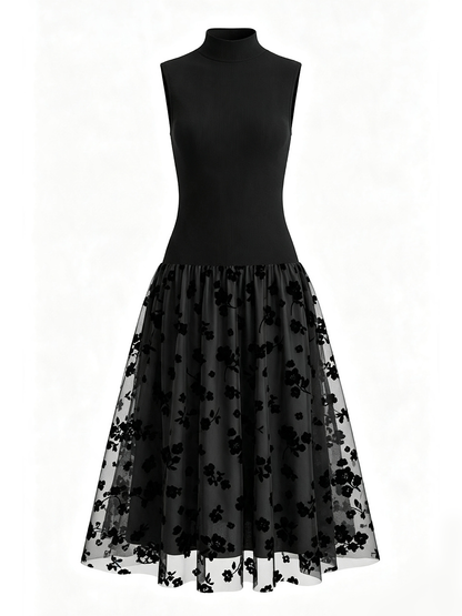 Black Stretch Knit and Flocked Tulle a-line high-neck high-back tea-length Dress - Aabei Dress