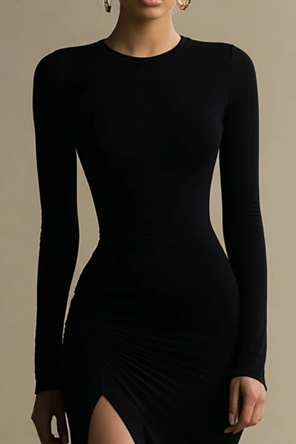 Black Stretch Knit bodycon high-neck high-back floor-length Dress Back View - Aabei Dress