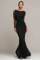 Black Stretch Knit Mermaid Boat Neck High Back Floor-Length Dress - Aabei Dress