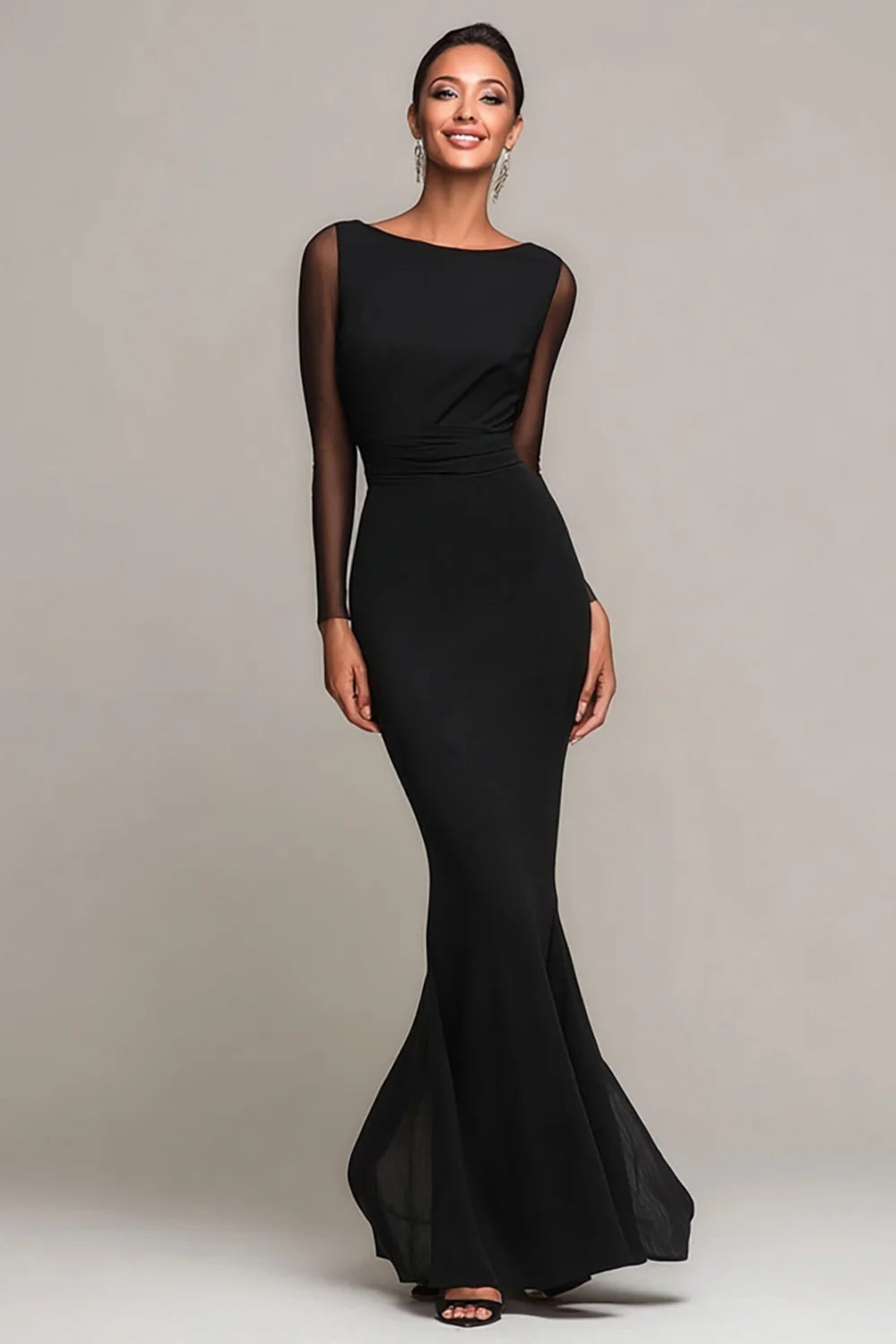 Black Stretch Knit Mermaid Boat Neck High Back Floor-Length Dress - Aabei Dress