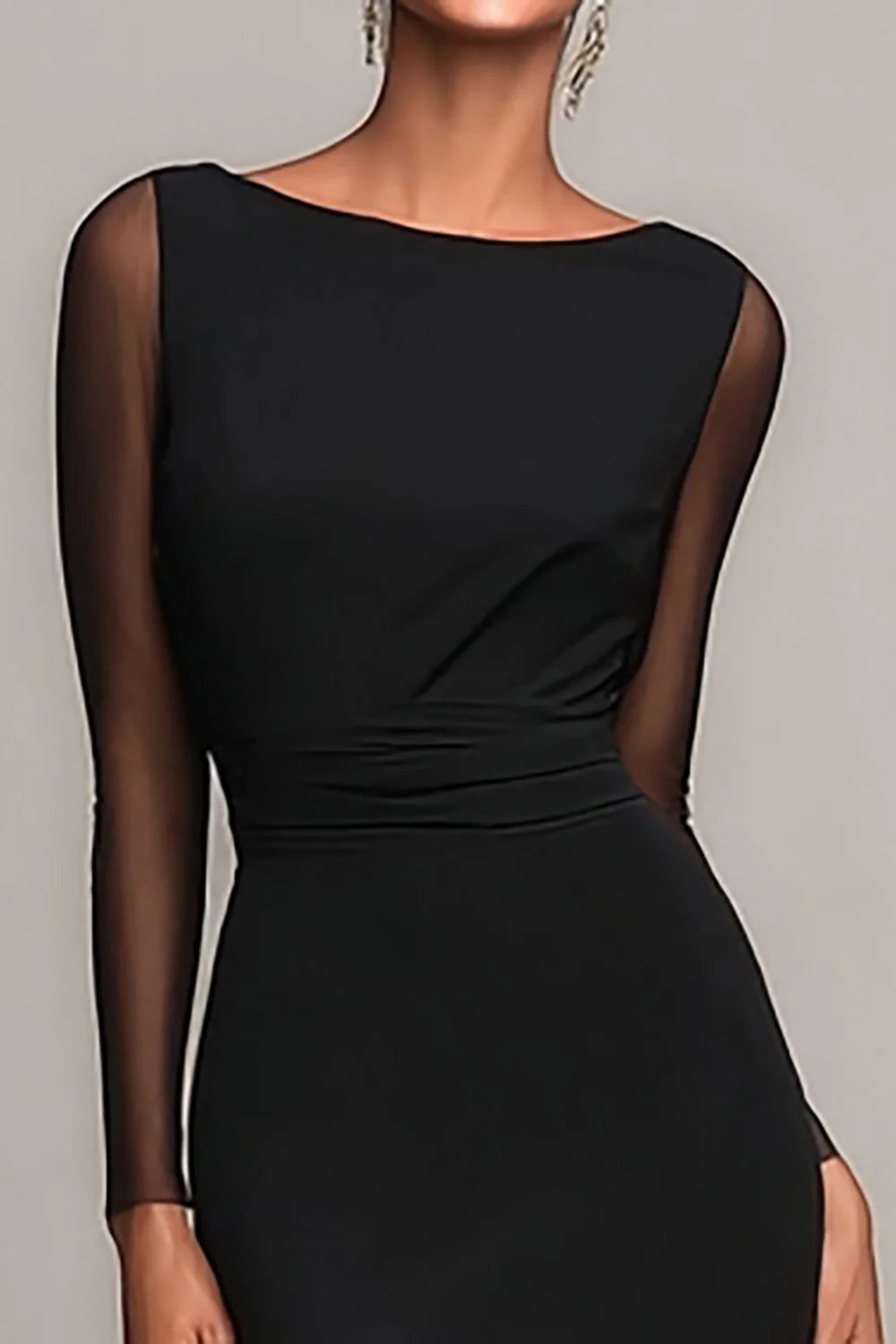 Black Stretch Knit Mermaid Boat Neck High Back Floor-Length Dress - Aabei Dress