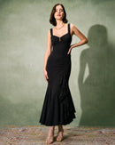 Black Stretch Knit Mermaid Sweetheart Tie Back Ankle Length Dress Front View - Aabei Dress
