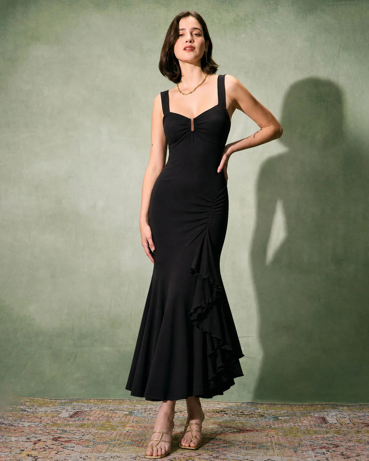 Black Stretch Knit Mermaid Sweetheart Tie Back Ankle Length Dress Front View - Aabei Dress