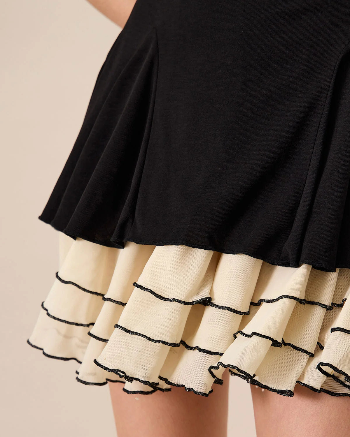 Black Stretch Knit & Mesh A-Line Sweetheart Zipper Back Mini Dress - Aabei Dress