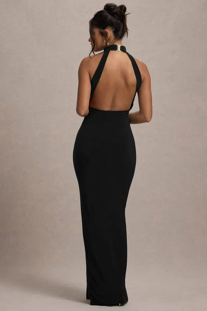 Black Stretch Knit Sheath Column Halter Open Back Floor-Length Dress Back View - Aabei Dress
