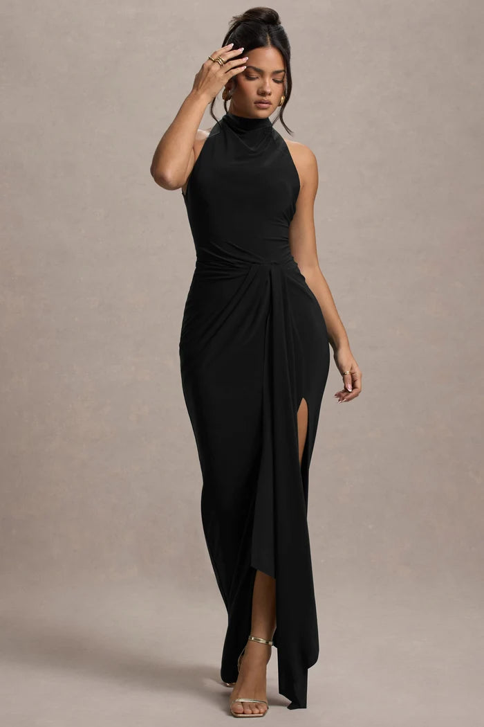 Black Stretch Knit Sheath Column Halter Open Back Floor-Length Dress Front View - Aabei Dress