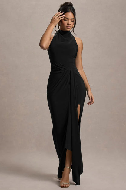 Black Stretch Knit Sheath Column Halter Open Back Floor-Length Dress Front View - Aabei Dress