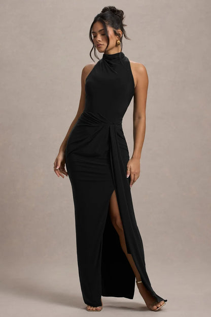 Black Stretch Knit Sheath Column Halter Open Back Floor-Length Dress - Aabei Dress