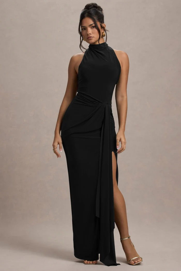Black Stretch Knit Sheath Column Halter Open Back Floor-Length Dress - Aabei Dress