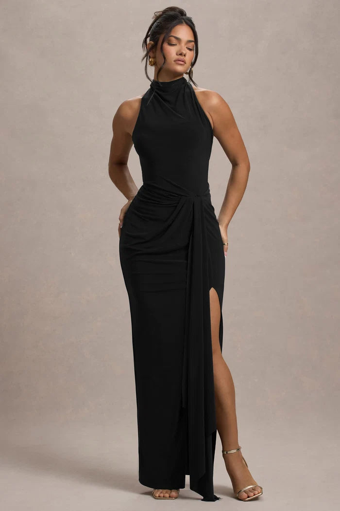 Black Stretch Knit Sheath Column Halter Open Back Floor-Length Dress - Aabei Dress