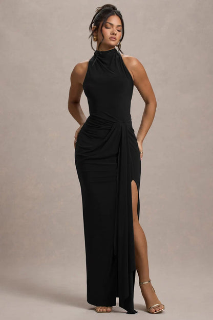 Black Stretch Knit Sheath Column Halter Open Back Floor-Length Dress - Aabei Dress