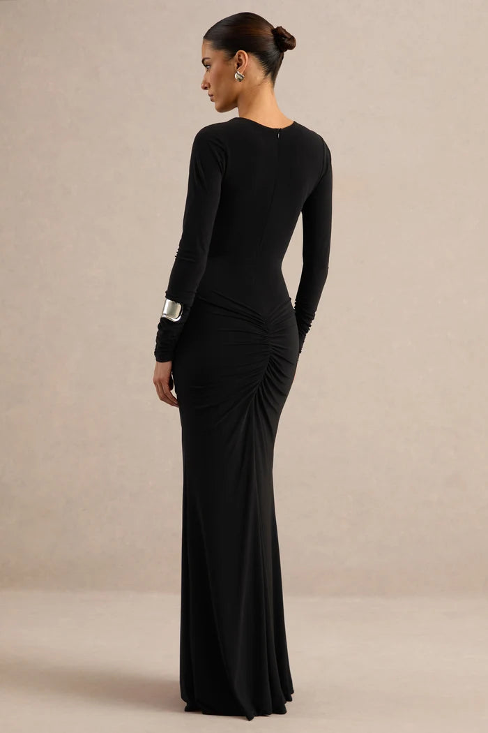 Black Stretch Knit Sheath Column Plunging V-Neck Floor Length Dress Back View - Aabei Dress