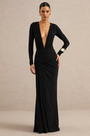 Black Stretch Knit Sheath Column Plunging V-Neck Floor Length Dress Front View - Aabei Dress