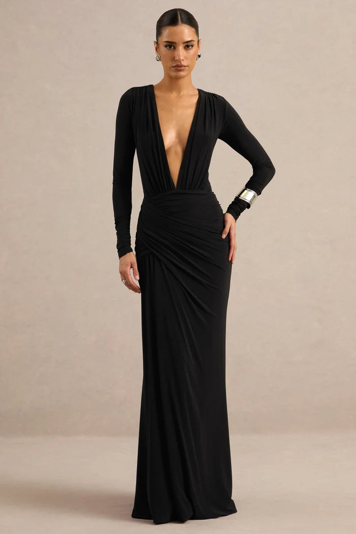 Black Stretch Knit Sheath Column Plunging V-Neck Floor Length Dress Front View - Aabei Dress