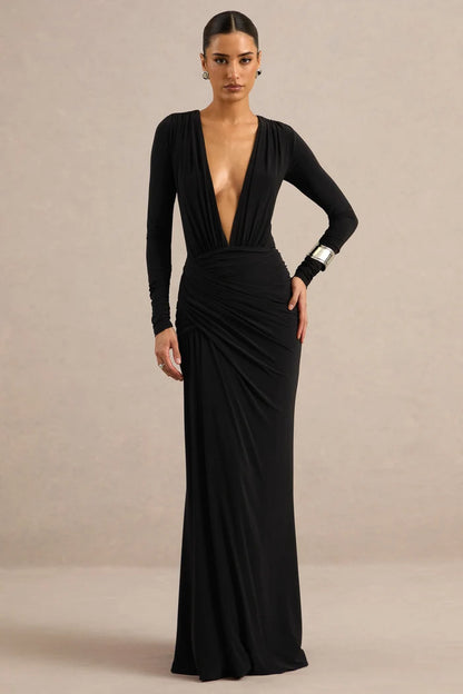 Black Stretch Knit Sheath Column Plunging V-Neck Floor Length Dress Front View - Aabei Dress