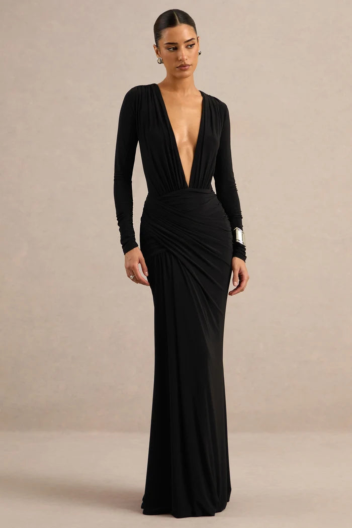 Black Stretch Knit Sheath Column Plunging V-Neck Floor Length Dress - Aabei Dress