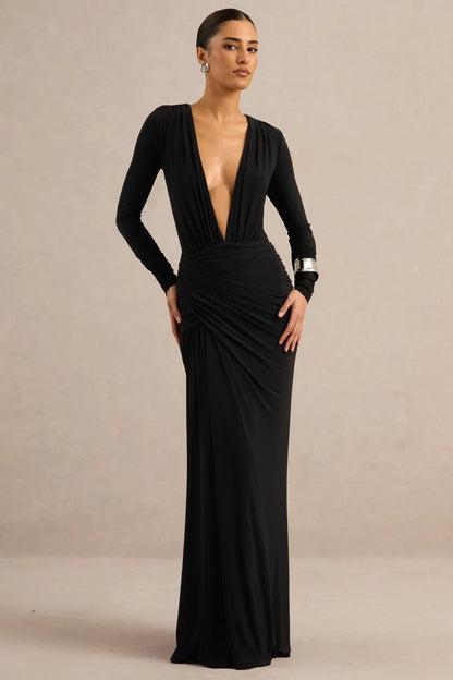 Black Stretch Knit Sheath Column Plunging V-Neck Floor Length Dress - Aabei Dress