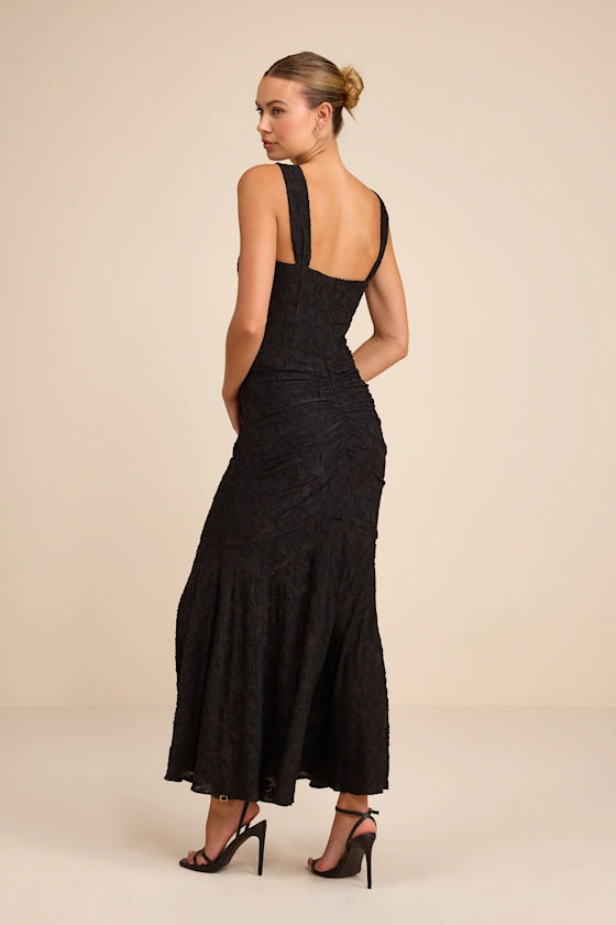 Black Textured Lace Mermaid Square Neck Zipper Back Ankle-Length Dress Back View - Aabei Dress