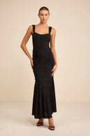 Black Textured Lace Mermaid Square Neck Zipper Back Ankle-Length Dress Front View - Aabei Dress