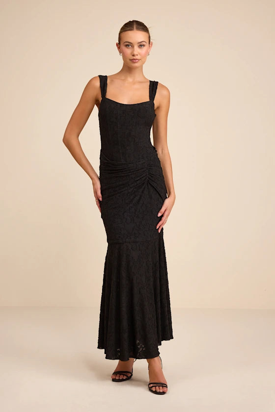 Black Textured Lace Mermaid Square Neck Zipper Back Ankle-Length Dress Front View - Aabei Dress