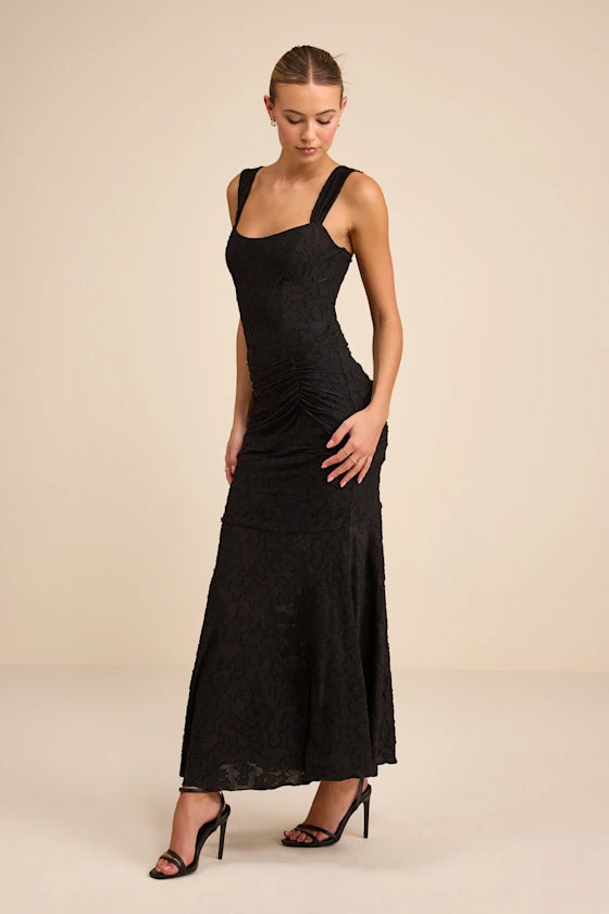 Black Textured Lace Mermaid Square Neck Zipper Back Ankle-Length Dress - Aabei Dress