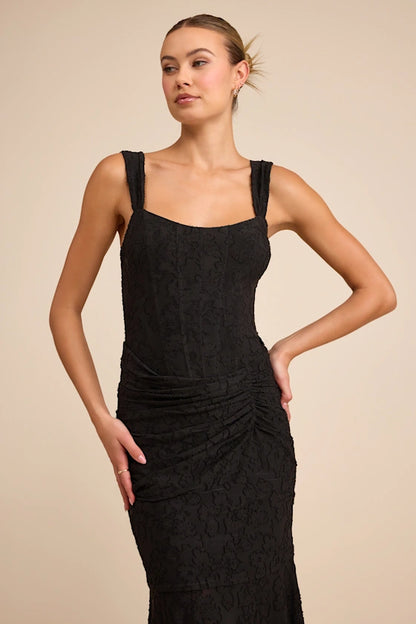 Black Textured Lace Mermaid Square Neck Zipper Back Ankle-Length Dress - Aabei Dress