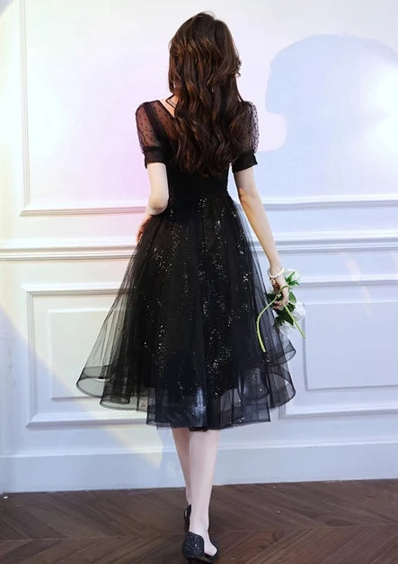 Black Tulle A-Line Square Neck V-Back Tea-Length Dress Back View - Aabei Dress