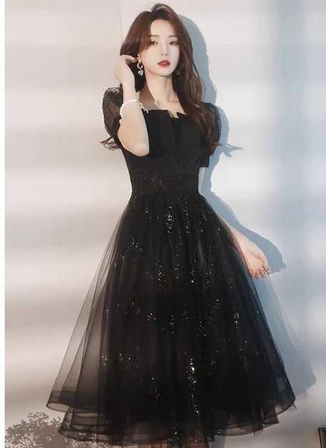 Black Tulle A-Line Square Neck V-Back Tea-Length Dress Front View - Aabei Dress