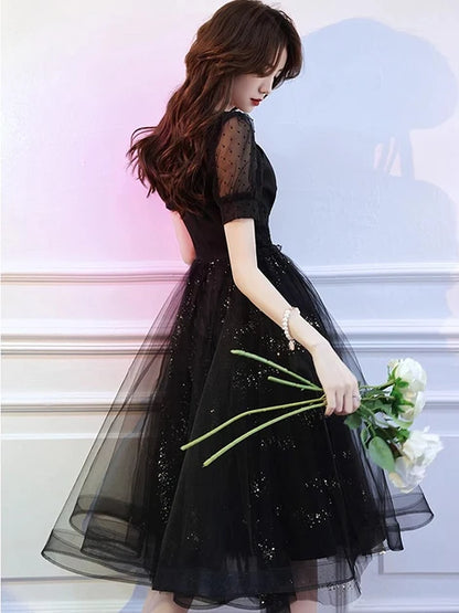 Black Tulle A-Line Square Neck V-Back Tea-Length Dress - Aabei Dress