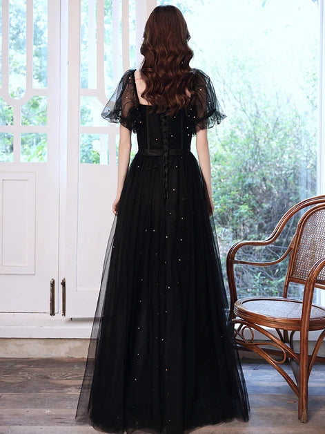 Black Tulle A-Line Sweetheart Lace-Up Back Floor-Length Dress Back View - Aabei Dress