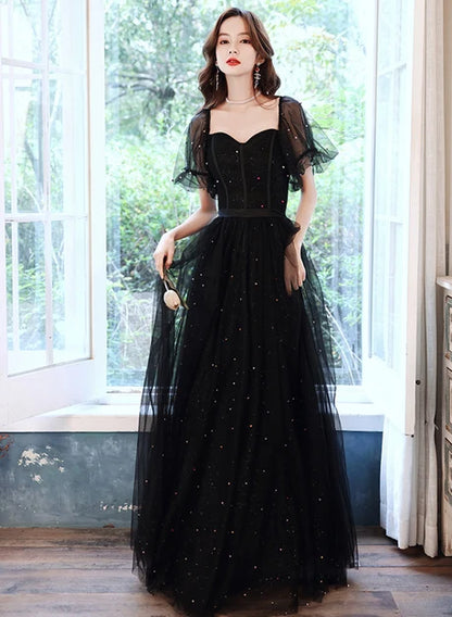Black Tulle A-Line Sweetheart Lace-Up Back Floor-Length Dress Front View - Aabei Dress