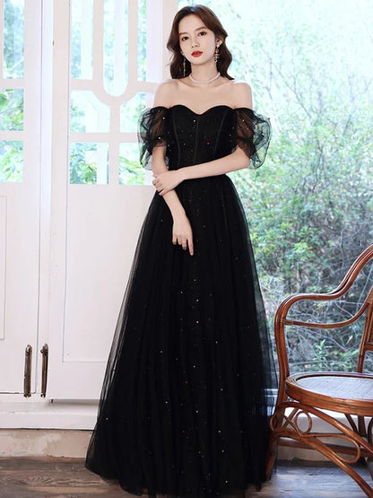Black Tulle A-Line Sweetheart Lace-Up Back Floor-Length Dress - Aabei Dress
