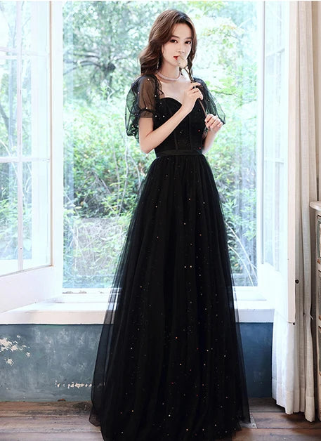 Black Tulle A-Line Sweetheart Lace-Up Back Floor-Length Dress - Aabei Dress