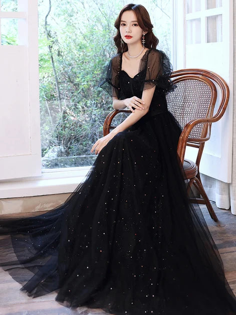 Black Tulle A-Line Sweetheart Lace-Up Back Floor-Length Dress - Aabei Dress