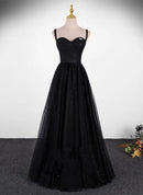 Black Tulle A-Line Sweetheart Zipper Back Floor-Length Dress Front View - Aabei Dress