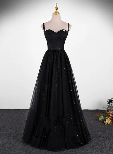 Black Tulle A-Line Sweetheart Zipper Back Floor-Length Dress Front View - Aabei Dress