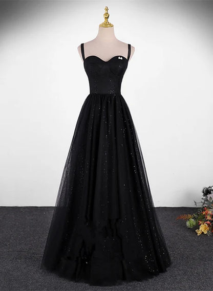 Black Tulle A-Line Sweetheart Zipper Back Floor-Length Dress Front View - Aabei Dress