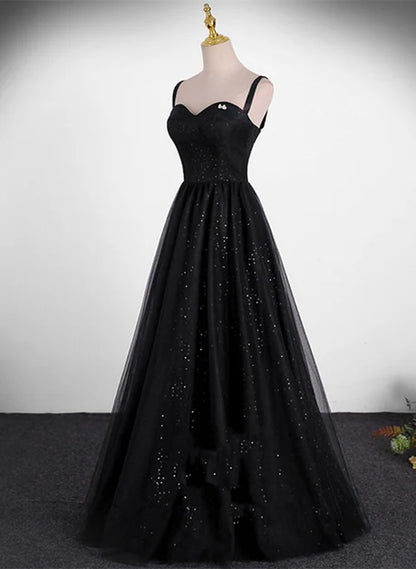 Black Tulle A-Line Sweetheart Zipper Back Floor-Length Dress - Aabei Dress