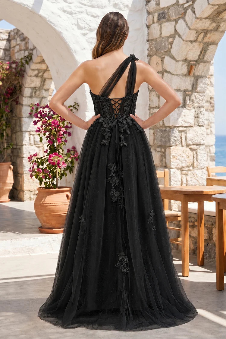 Black Tulle and Lace A-Line One Shoulder Lace-up Back Floor-Length Dress Back View - Aabei Dress