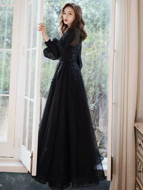Black Tulle and Mesh a-line illusion-neck illusion-back floor-length Dress Back View - Aabei Dress