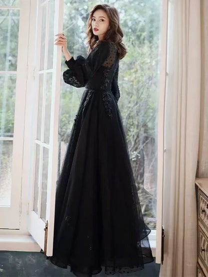 Black Tulle and Mesh a-line illusion-neck illusion-back floor-length Dress Back View - Aabei Dress