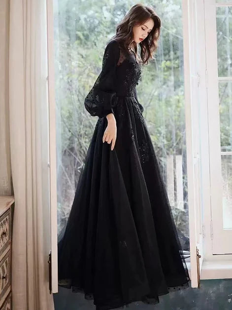 Black Tulle and Mesh a-line illusion-neck illusion-back floor-length Dress Front View - Aabei Dress