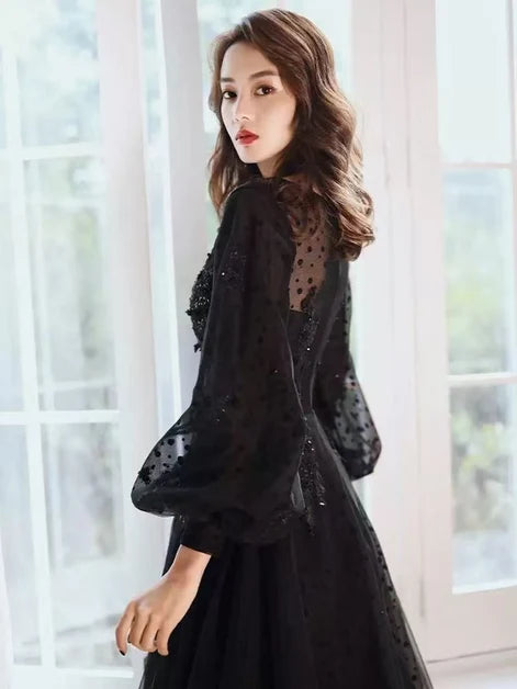 Black Tulle and Mesh a-line illusion-neck illusion-back floor-length Dress - Aabei Dress