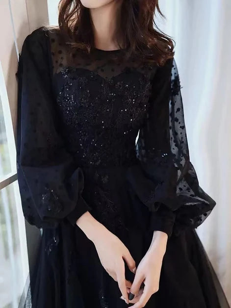 Black Tulle and Mesh a-line illusion-neck illusion-back floor-length Dress - Aabei Dress