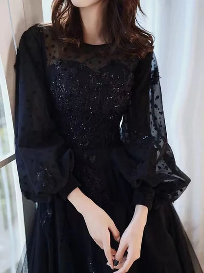 Black Tulle and Mesh a-line illusion-neck illusion-back floor-length Dress - Aabei Dress