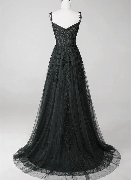Black Tulle & Lace A-Line Sweetheart V-Back Floor-Length Dress Back View - Aabei Dress
