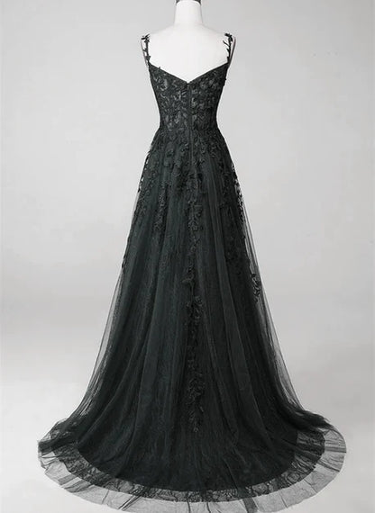 Black Tulle & Lace A-Line Sweetheart V-Back Floor-Length Dress Back View - Aabei Dress